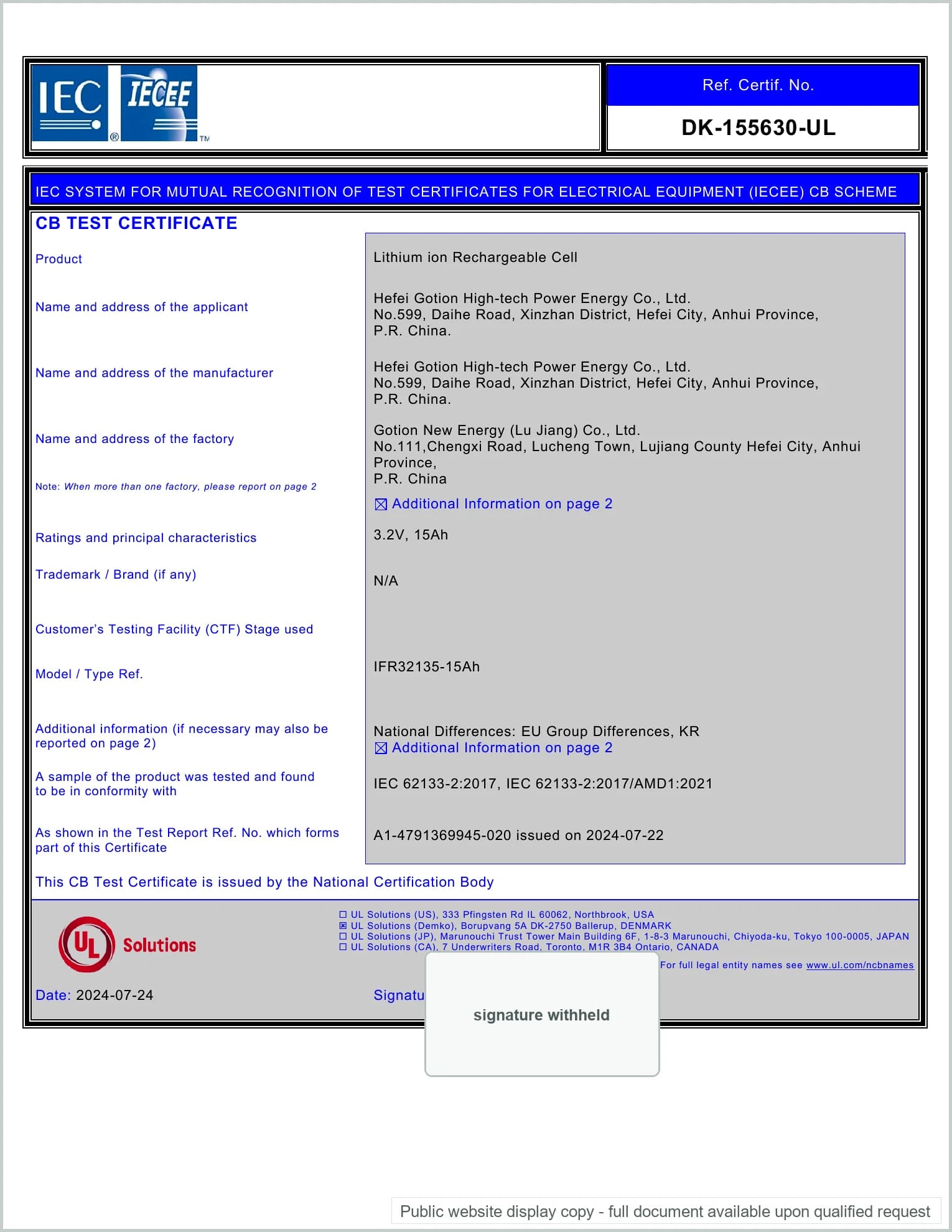 Lithiumzelle IFR32135 · 3,2 V 15 Ah — IECEE-CB-Zertifikat — IEC 62133-2