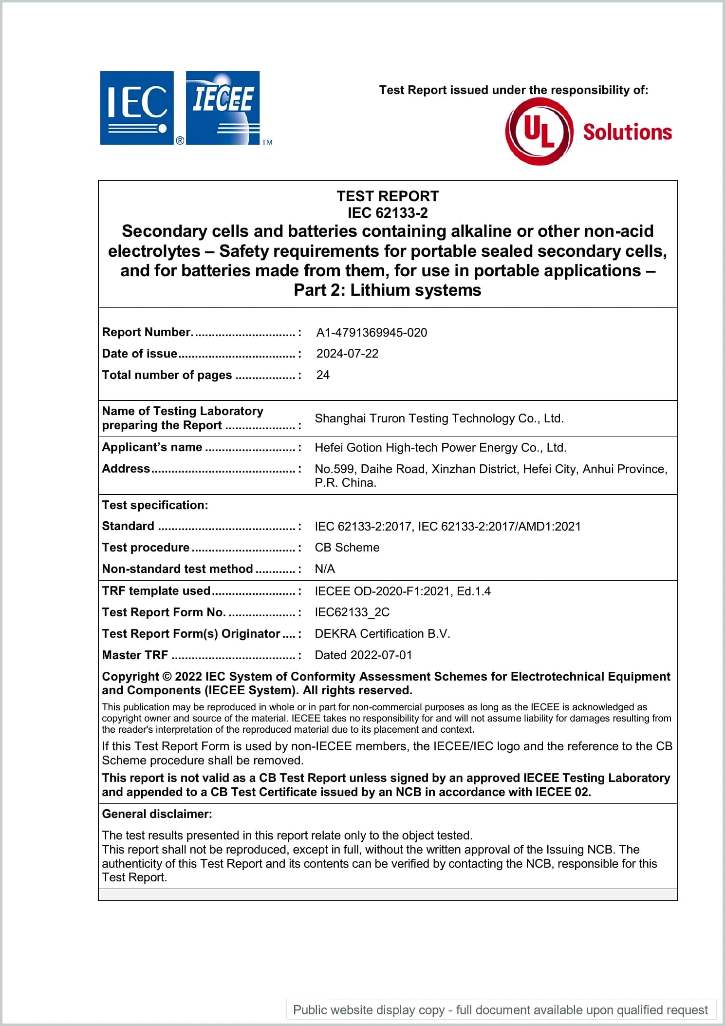 Lithiumzelle IFR32135 — IEC-62133-Prüfbericht