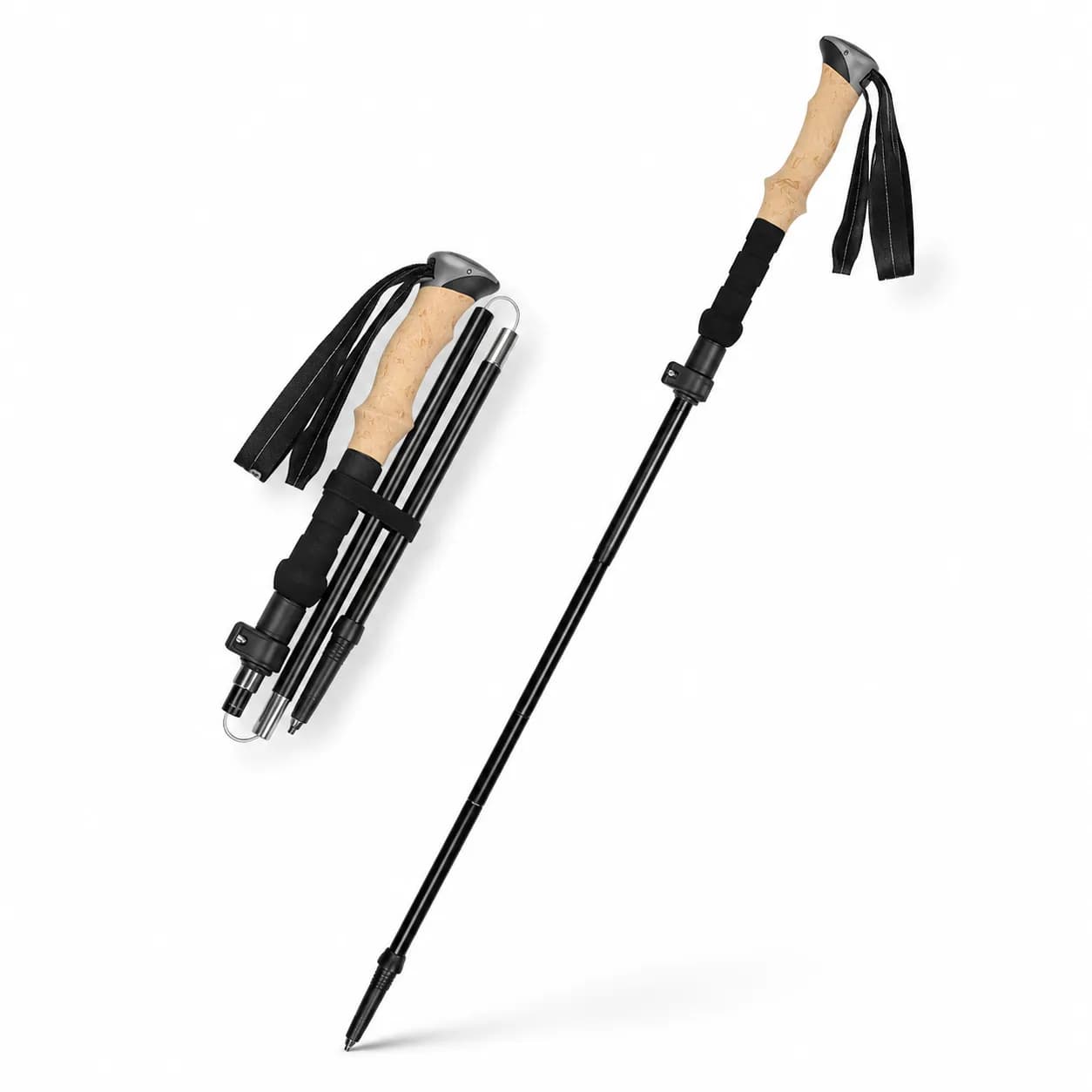 Foldable 3-section Nordic Walking Sticks Telescopic Hiking Poles — Black