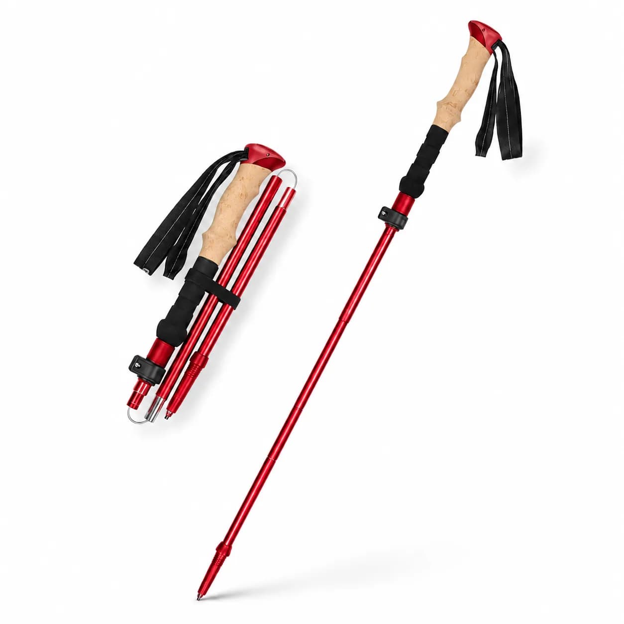 Foldable 3-section Nordic Walking Sticks Telescopic Hiking Poles — Red
