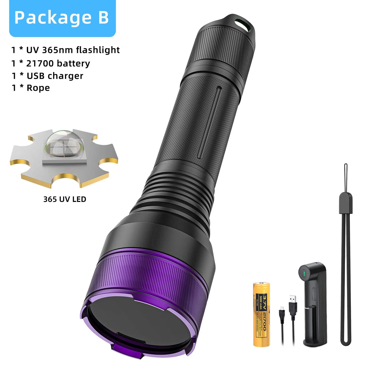 Powerful Mini Purple UV Flashlight & Torch 365nm UV Led Black Light — UV flashlight+battery+charger